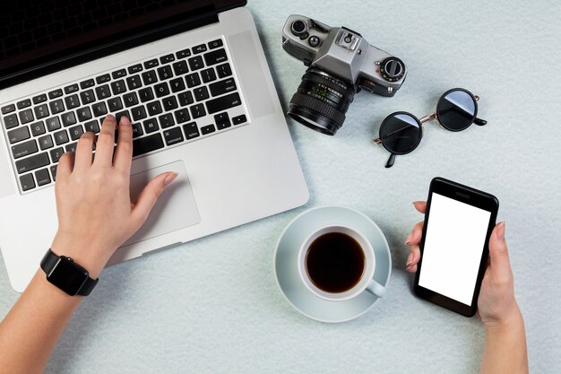 Flat lay desk concept with smartphone template