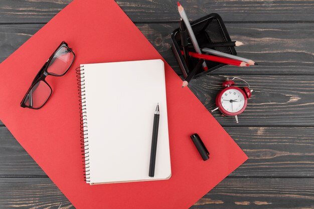 Flat lay of desk concept on wooden table