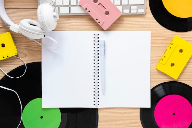 Flat lay of desk with musical theme