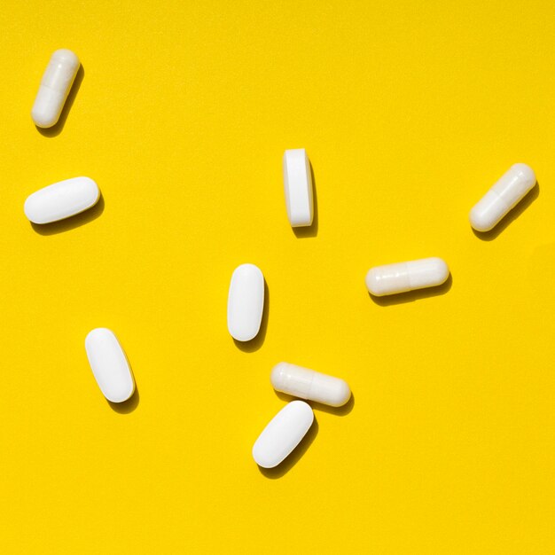 Flat lay of different shaped pills