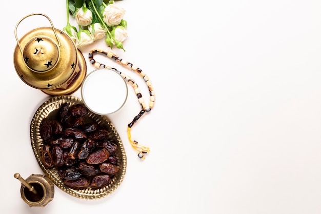 Flat lay of dried dates with copy space