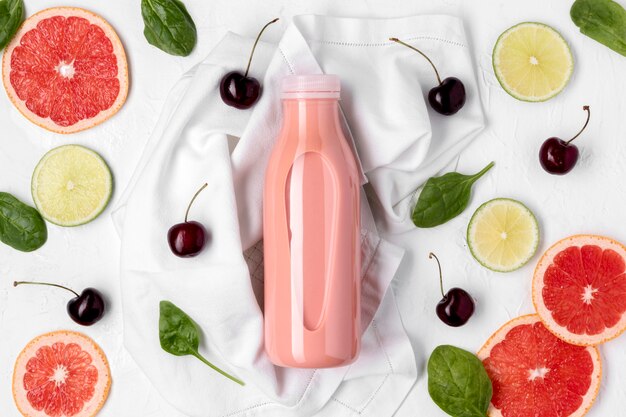 Flat lay drink and cherries arrangement