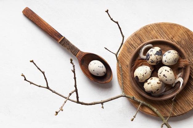 Free photo flat lay of easter eggs on wooden plate with spoon and twig