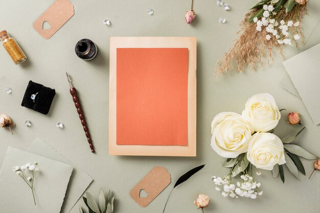 Flat lay elegant decorations on table