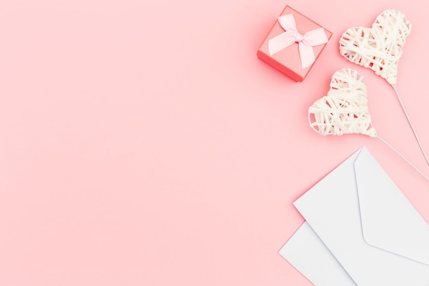 Flat lay of envelope and hearts