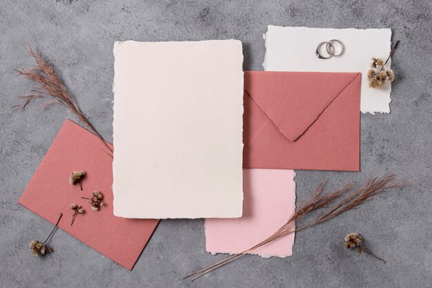 Flat lay envelope and wedding rings