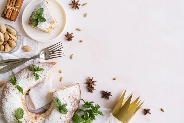 Flat lay of epiphany day desserts with copy space