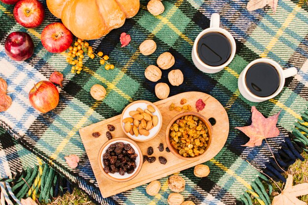 Плоское блюдо осеннего сезона на одеяле для пикника