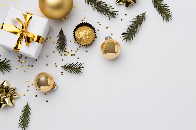 Flat lay festive christmas ornaments with copy space