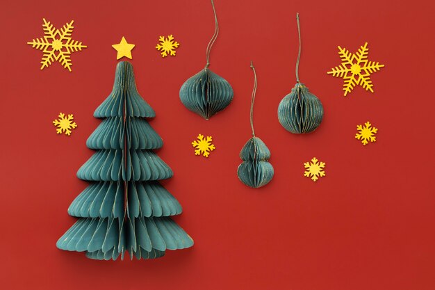 Flat lay festive christmas ornaments with copy space