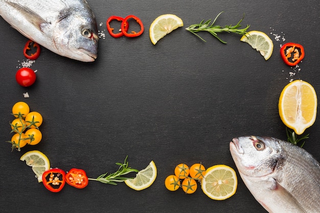 Flat lay fish and seasoning arrangement