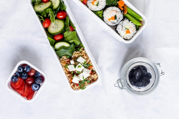 Flat lay fish, vegetables and fruits