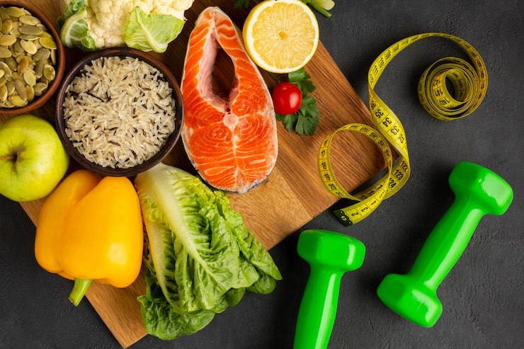 Free Photo flat lay of fish and vegetables