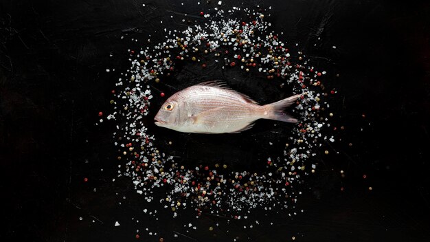 Foto gratuita lay piatto di pesce con sale e spezie