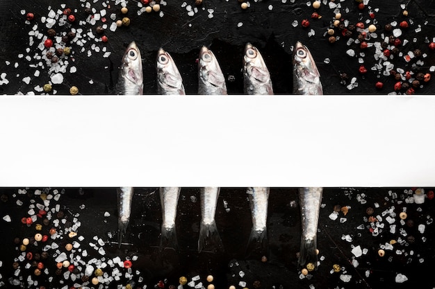 Free photo flat lay of fish with spices and salt