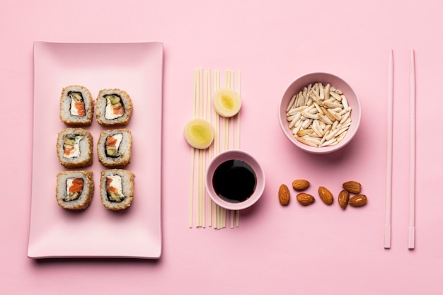 Free photo flat lay flexitarian diet with sushi