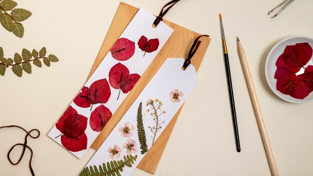 Flat lay flower press technique still life