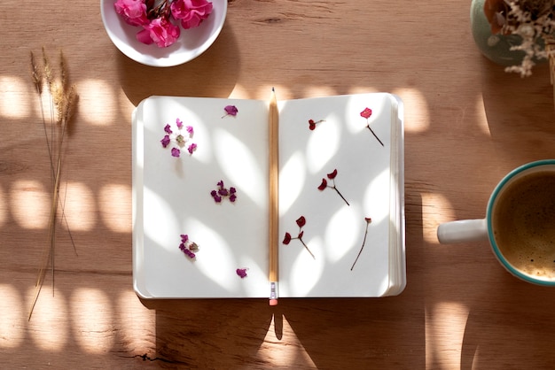 Flat lay flower press technique still life