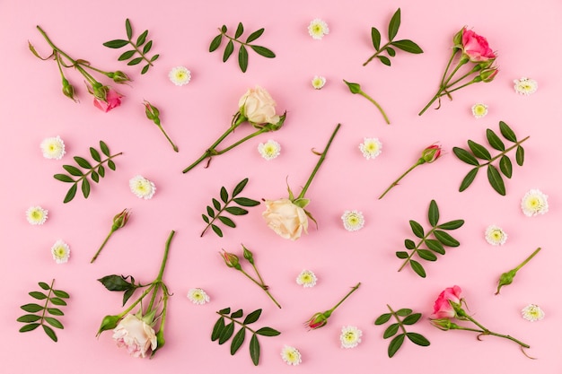 Flat lay flowers collection on table