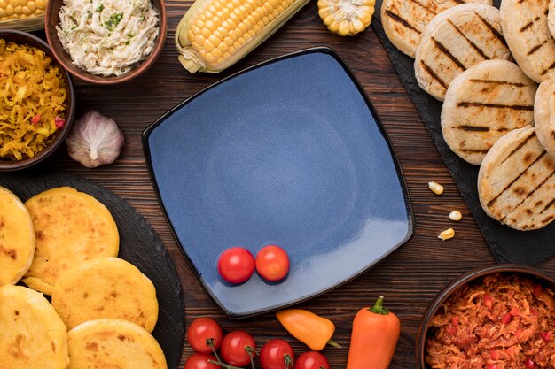 Flat lay food arrangement with plate