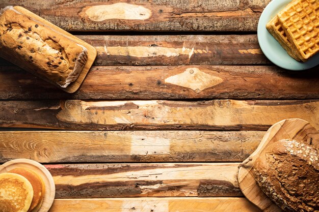 Flat lay food arrangement on wooden table