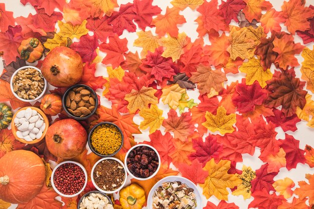 Flat lay food frame on leaves background 