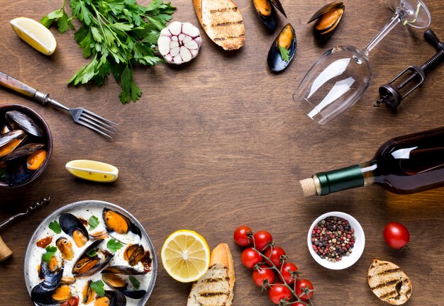 Flat-lay food frame mediterranean diet with mussels 