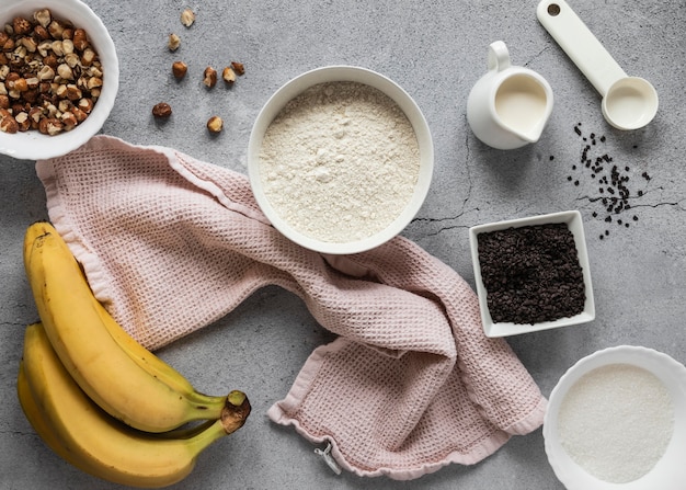 Flat lay of food ingredients with bananas