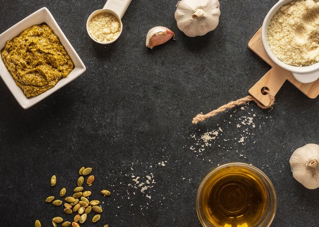 Flat lay of food ingredients with dough