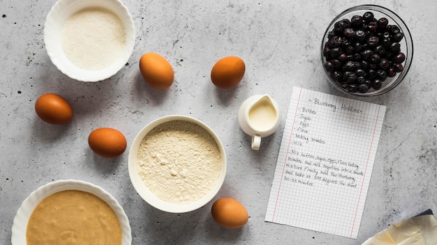 Flat lay of food ingredients with eggs