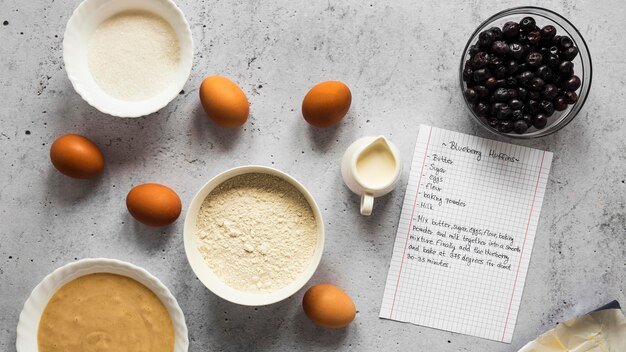 Flat lay of food ingredients with eggs