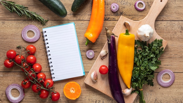 Flat lay of food ingredients with fresh vegetables