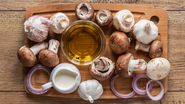 Flat lay of food ingredients with mushrooms