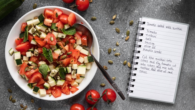 Flat lay of food ingredients with salad and notebook
