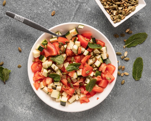 Flat lay of food ingredients with salad