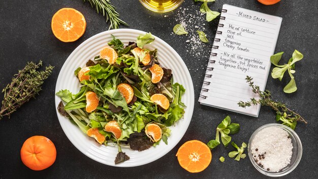 Flat lay of food ingredients with salad