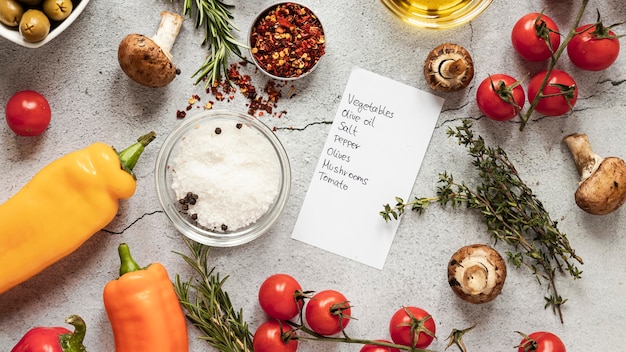 Foto gratuita lay piatto di ingredienti alimentari con verdure