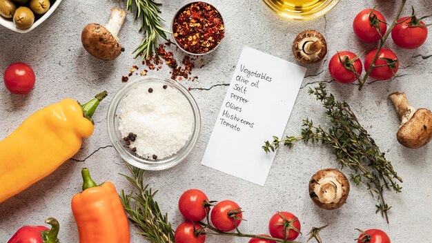 Flat lay of food ingredients with vegetables