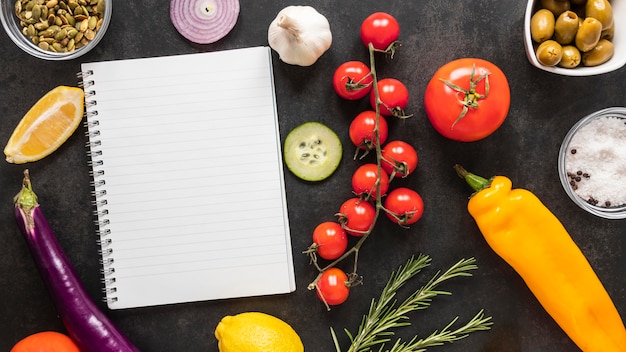 Flat lay of food ingredients with vegetables