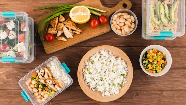 Flat lay of food and rice