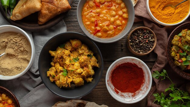 Flat lay food on wooden background