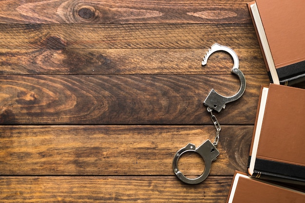 flat lay frame with books and handcuffs