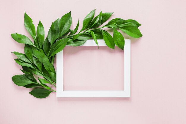 Flat lay of frame with leaves decoration