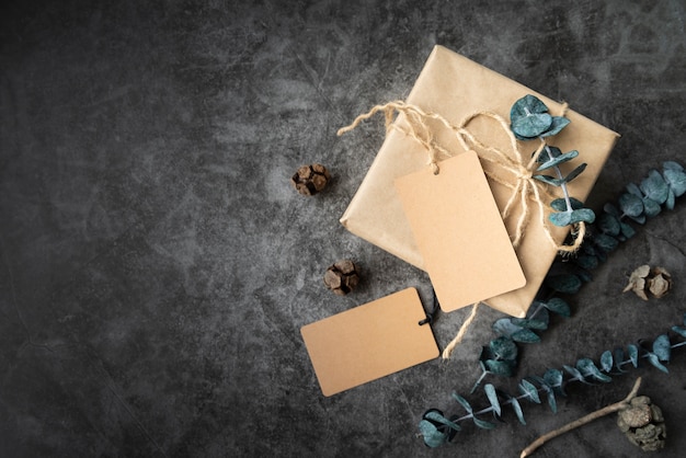 Flat lay frame with present and stucco background