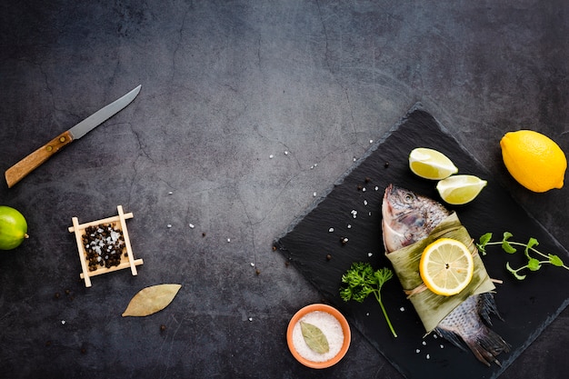 Flat lay frame with seafood and copy-space