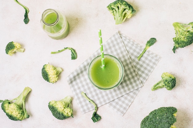 Flat lay fresh broccoli smoothie 