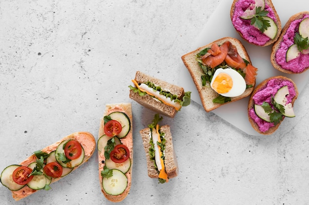 Flat lay fresh sandwiches assortment on cement background