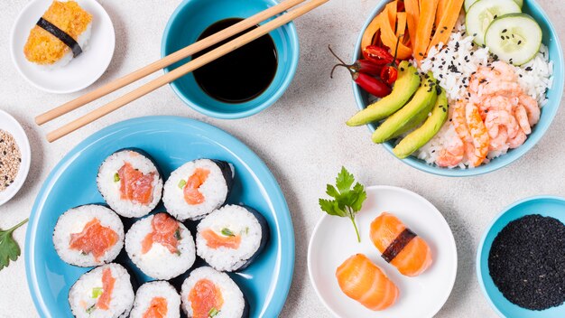 Flat lay fresh sushi