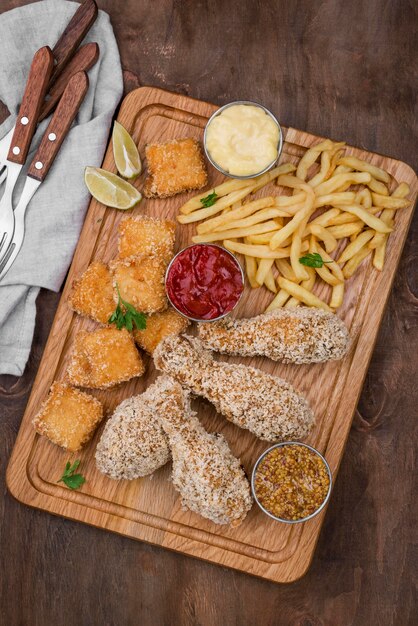 Flat lay of fried chicken with french fries and cutlery