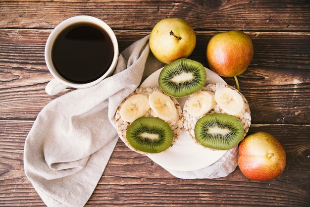 Flat lay fruit and coffee breakfast